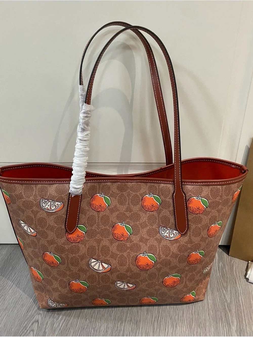 Coach Brown Canvas Tote with Orange Fruit Print